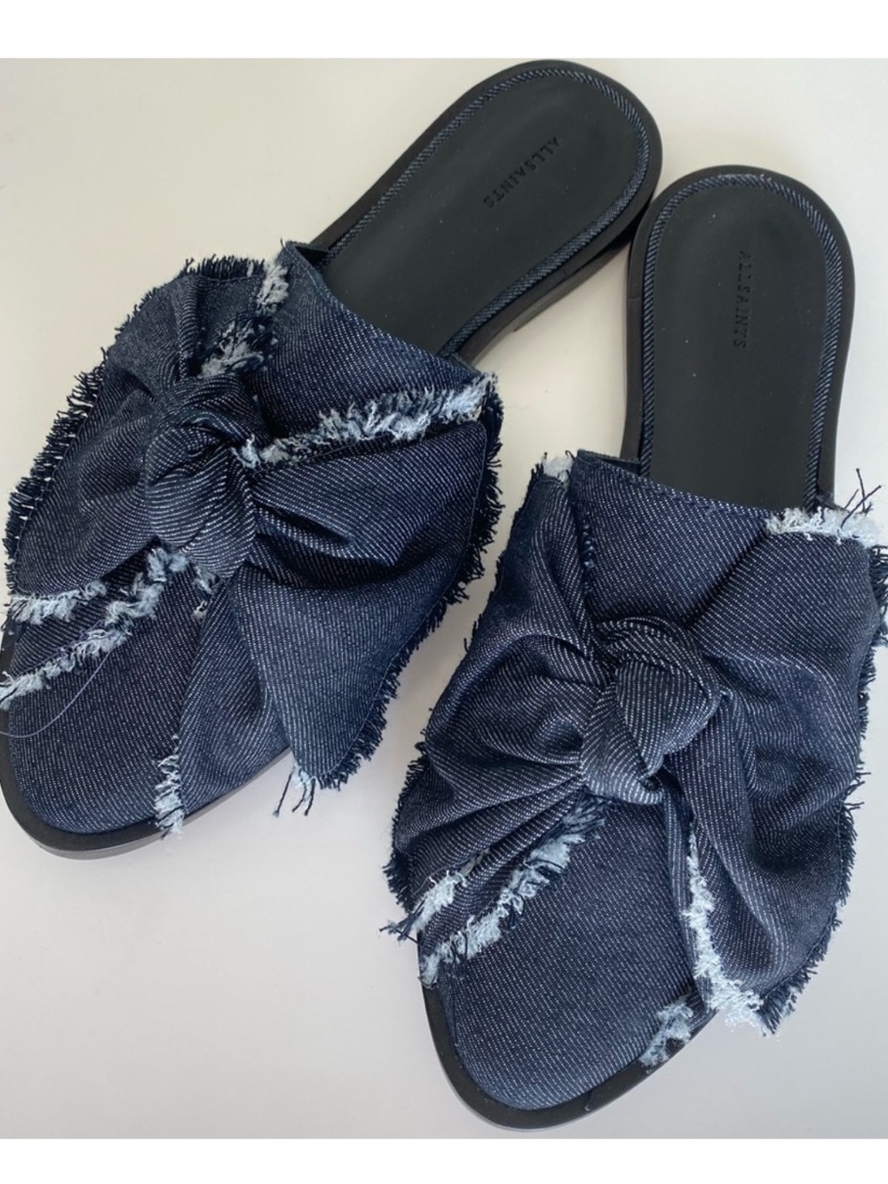 NEW All Saints Rumour Denim Fringe Bow Pointed Toe Mule Flats Sz 6 US/ 36 EU